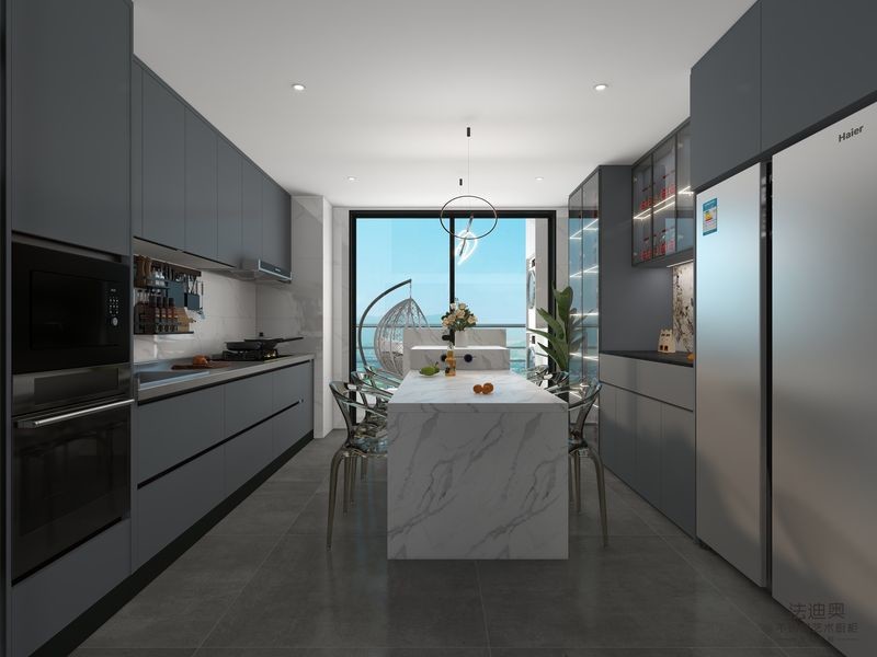 Fadior Gray-Blue Stainless Steel Double Linear Kitchen Cabinets With Wine Storage And Multifunctional Island