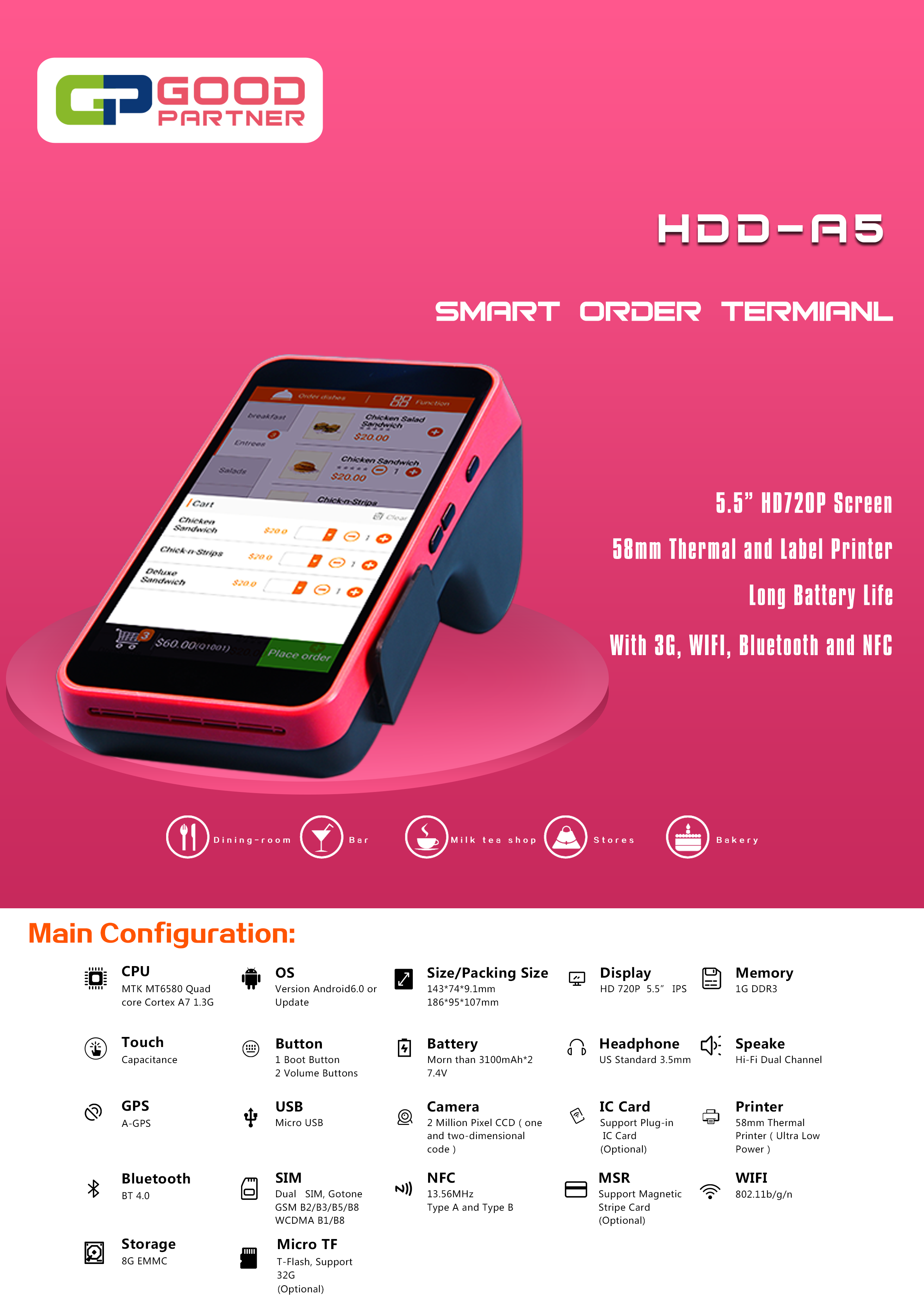 Main Display 5.5inch IPS HD720P Android POS Terminal with Touch Screen and Printer