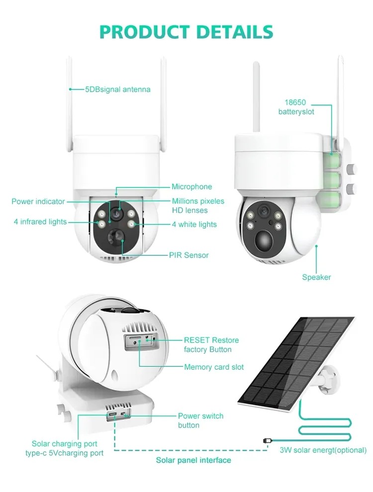 4MP WiFi PTZ Solar Security Camera 4G 3.7W Solar Panel Durable