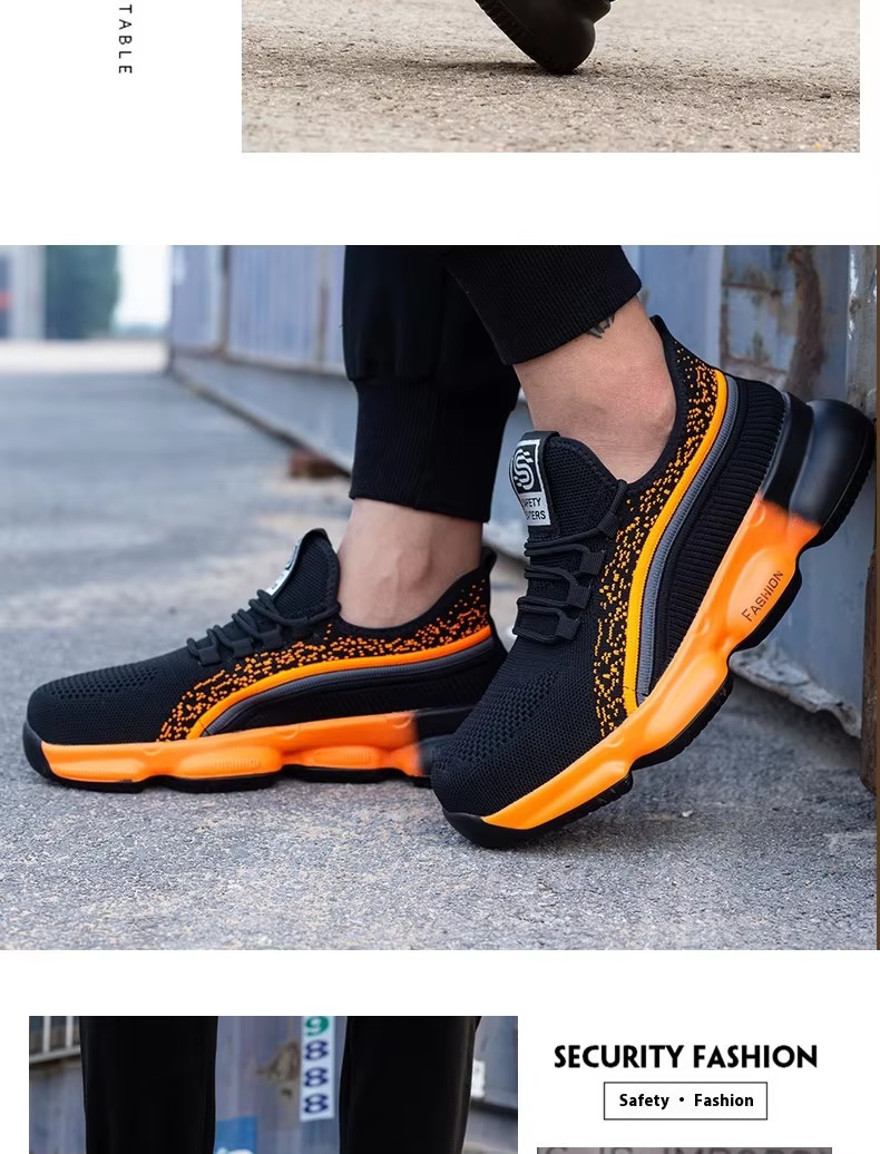 Black Comfortable Kevlar Mid Sole Anti-stab Work Shoes With Steel Toe Breathable Flying Knit