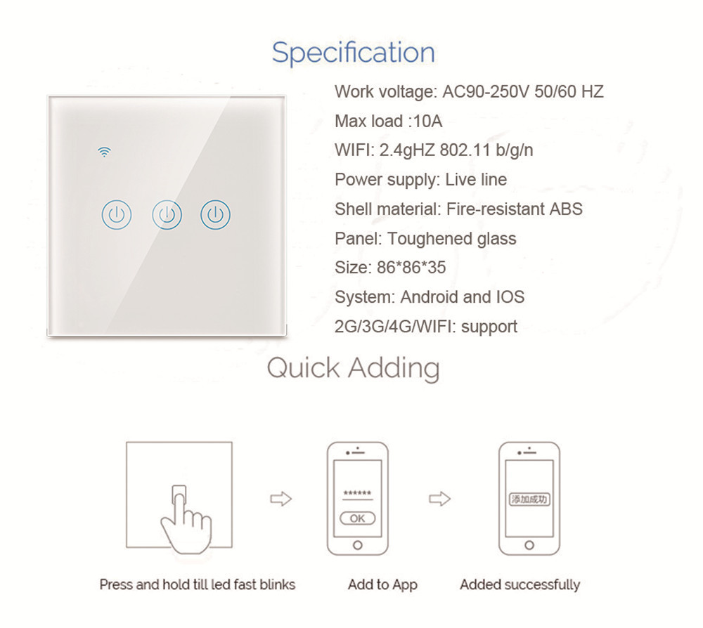 WiFi RF433 3 Gang Touch Switch 10A Three Gang Smart Light Switch