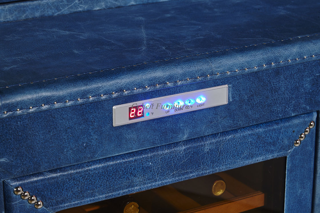 Top Grain Leather Wine Fridge Cabinet , Blue Bar Cabinet With Wine Storage