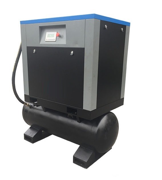 Compact screw air compressor with tank and air dryer mounted