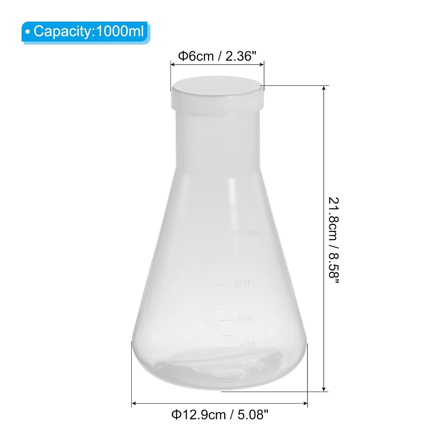 1000ml Plastic Erlenmeyer Flask With Screw Caps, 2 Pack Narrow Mouth Conical Flask For Laboratory, Clear