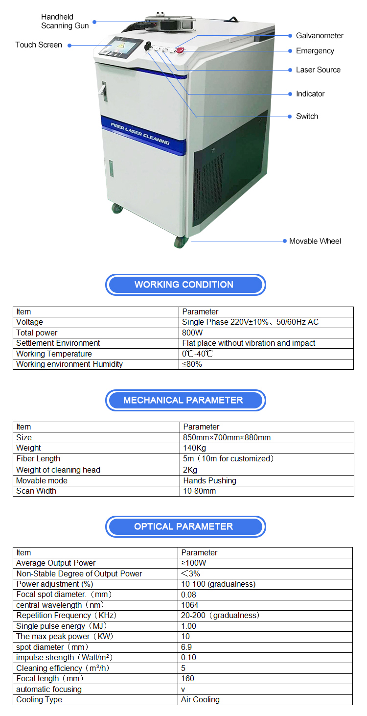 Continuous Fiber Laser Cleaner 1000w 1500w 2000w 3000W Laser Cleaning Machine For Metal