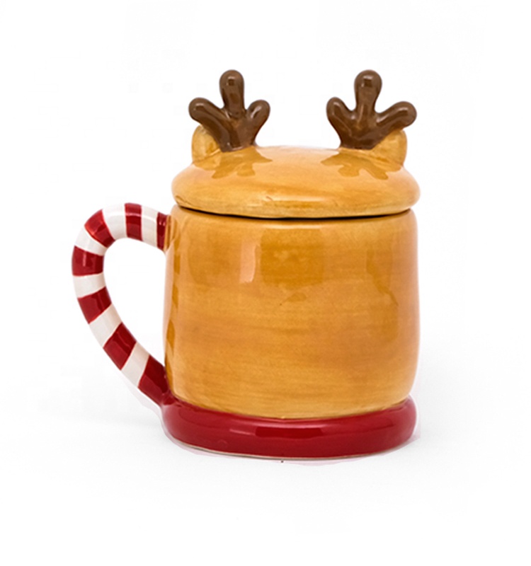 3D Creative Christmas Coffee Mug Deer Shaped Ceramic With Lid And Hand Painted
