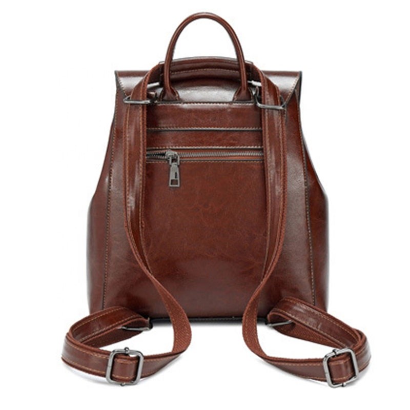 Fast Delivery New Fashion Oil Wax Real Leather Student Women Backpack Bag