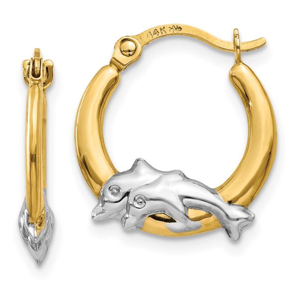 14k Yellow Gold Dolphin Hoop Earrings Ear Hoops Set Animal Sea Life Fine Jewelry
