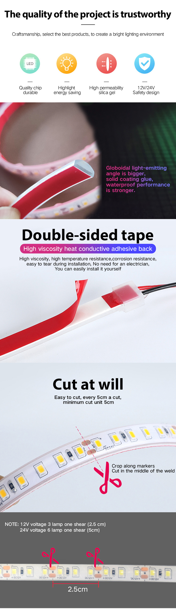 IP68 Dimmable LED Strip Lights 12V 24V Under Cabinet Led Strip Lighting Dimmable