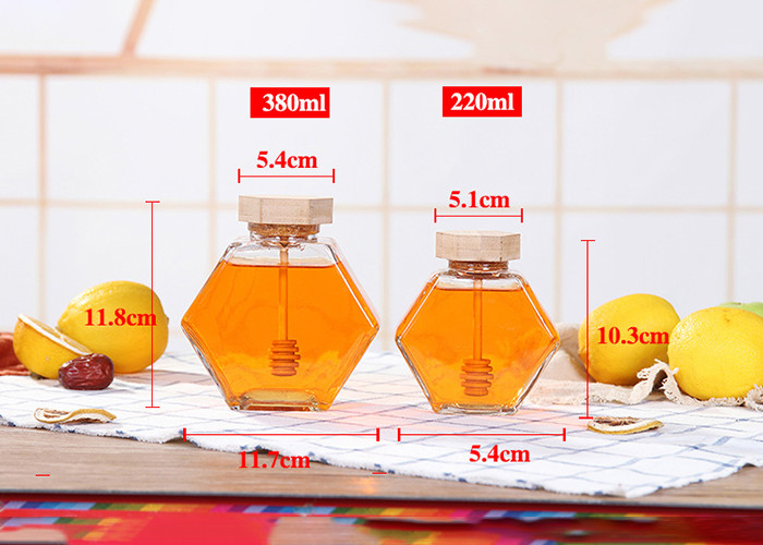 220ml 380ml Hexagonal Glass Honey Jars Wooden Lid OEM ODM Service