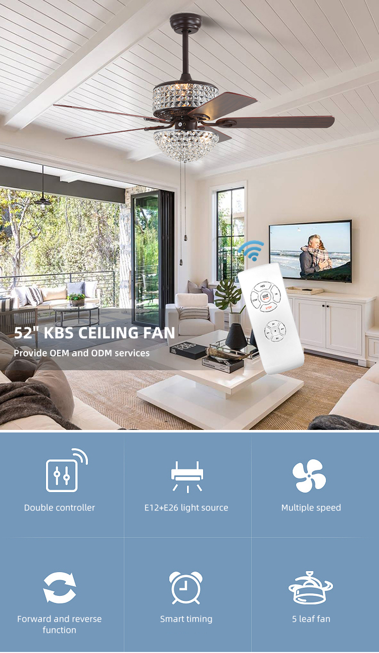 5 Blades 65W Dining Room Ceiling Fan Light Iron Blade Fan 52Inch