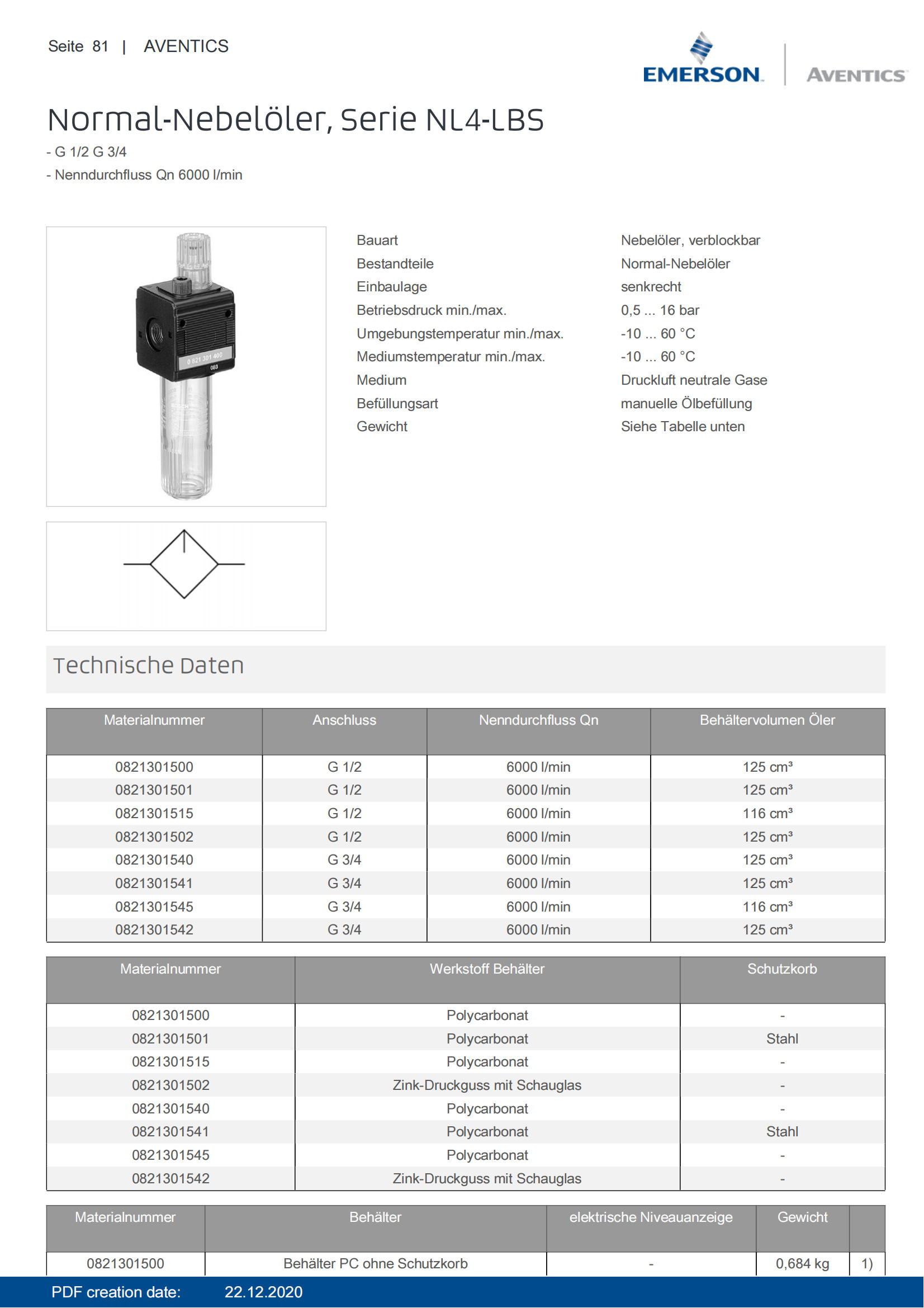 AVENTICS Standard Oil Mist Lubricator Series NL4 LBS 0821301500