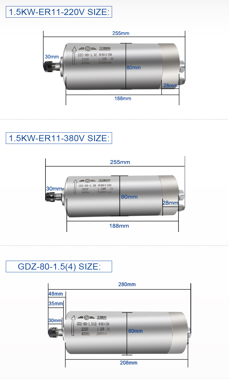1.5kw ER11 400HZ 24000rpm Water Cooled Spindle Motor for and Maximum Torque 0.59Nm