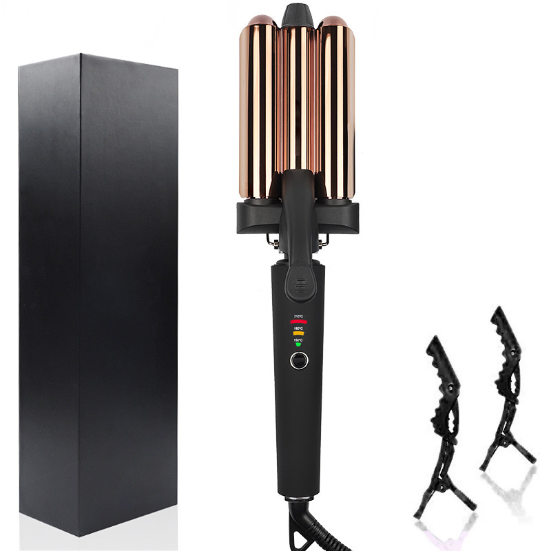 Dual Voltage Crimp Triple Barrel Curling Iron LED Display Titanium Tourmaline