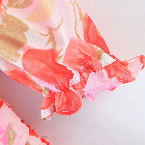OEM maufactory Oil Painting Rose Printed Pleated V Neck Polyester Short Sleeve Dress