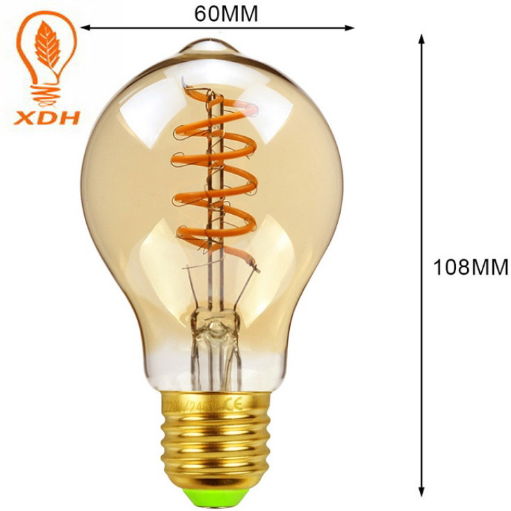 A60 Spiral LED Filament Bulb Edison LED Vintage 4W 6W E27 230V