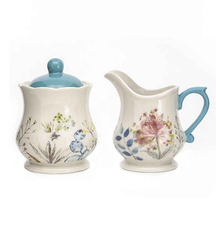 Modern Kitchen Sugar And Creamer Set Container Decal In Glaze Ceramic Restaurant With Lid And Holder