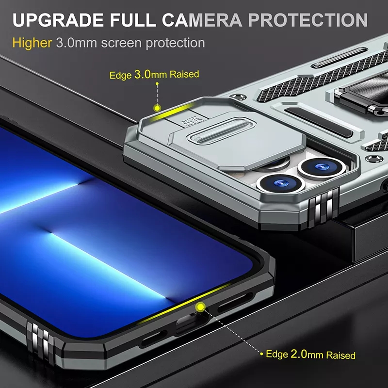 Kickstand Slide Camera Antishock Phone Back Cover For Iphone 13 14 Pro Max Phone Case With Ring Holder Lens Cover