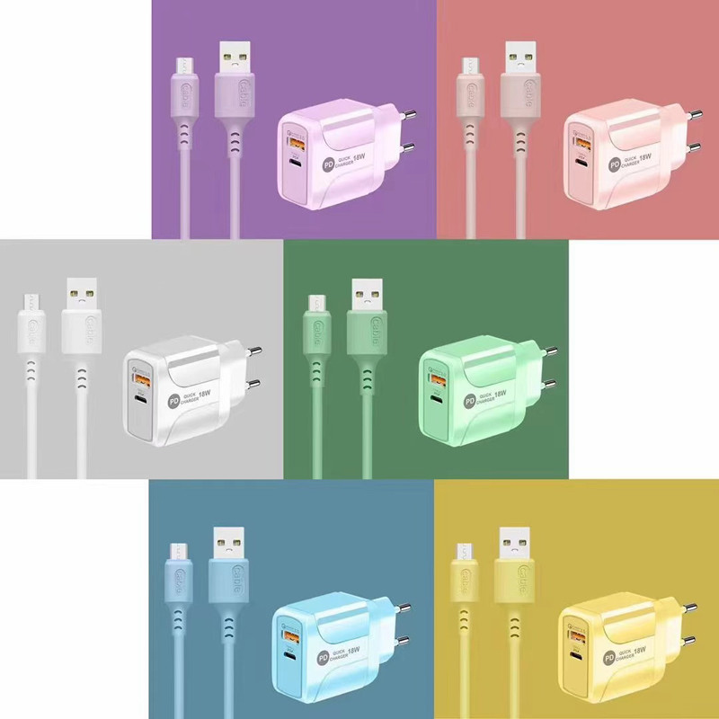 2 In 1 Macaron Travel Phone Charger QC3.0 With USB Data Cable