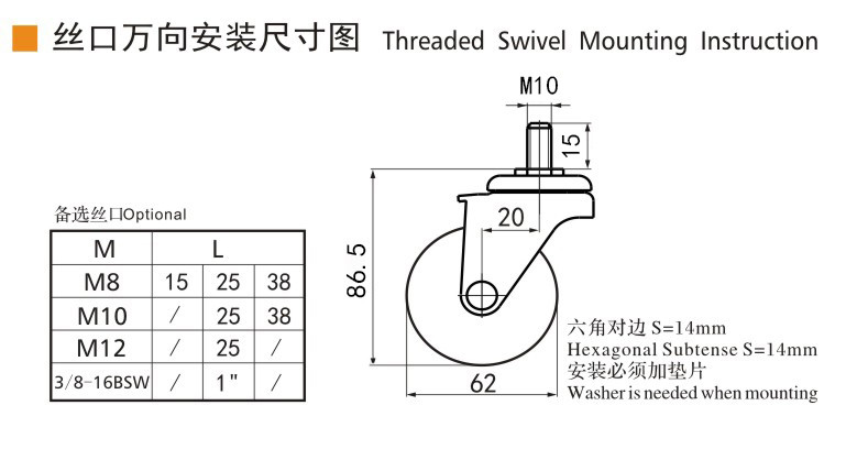EDL Mini Caster Wheels 2.5inch 30kg Threaded TPE by Swivel and Brake type