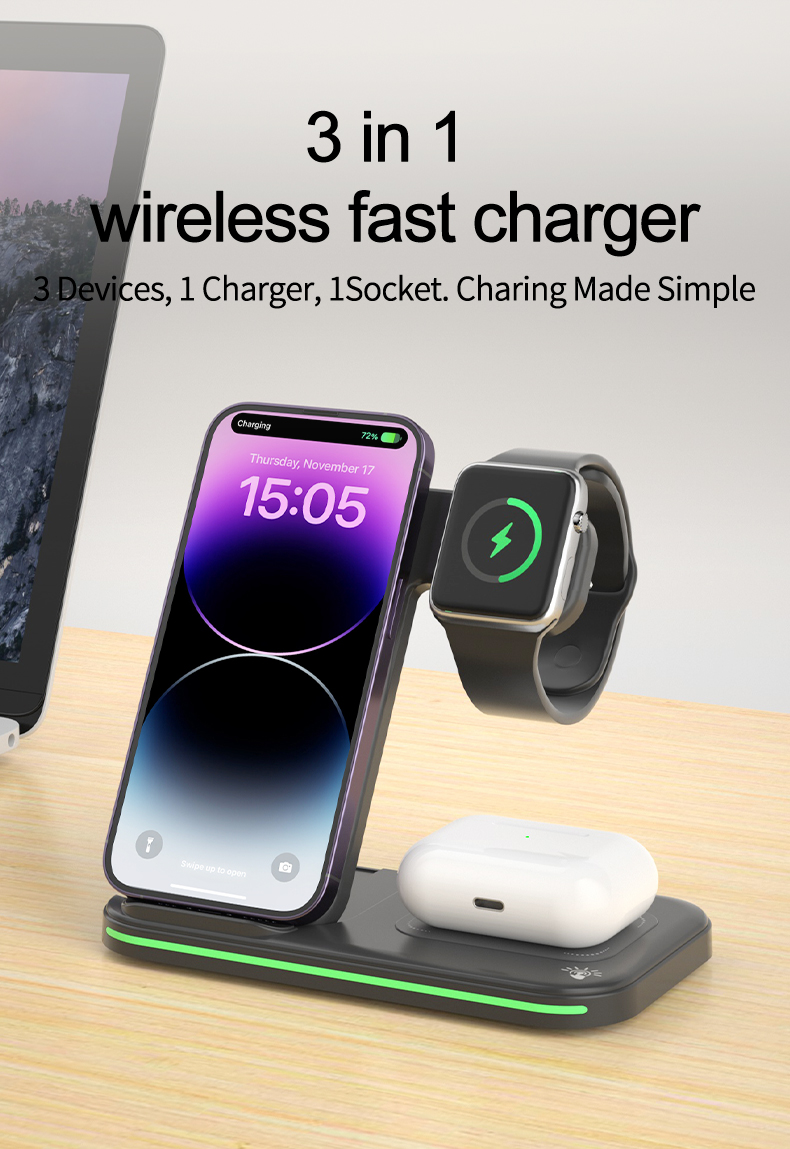 Portable 15W 3 In 1 Fast Charging Desktop Foldable Mobile Phone Universal QI Wireless Charger Stand Holder For Phone Airpod iWatch