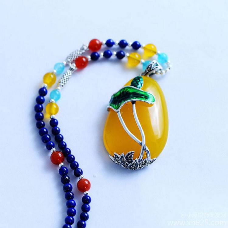 Natural Lapis Lazuli Strand Necklace with Silver Enamel Yellow Chalcedony Pendant(XH057271W)