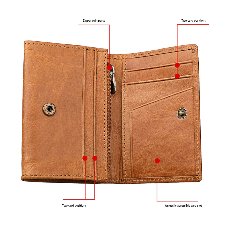 2024 Short Bifold Zipper Wallet for Men Custom Logo and RFID Blocking in Cow Leather