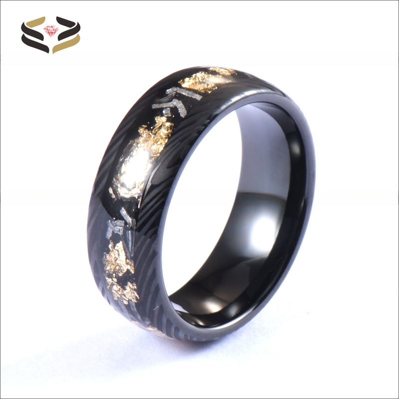 Christmas/ Year/Father's Day 8mm Black Damascus Tungsten Rings for Men Meteorite Gold Leafs Inlay Wedding Engagement Band