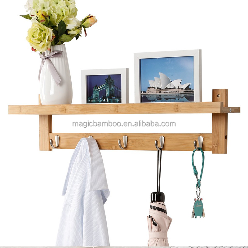 Convenient Living Room Storage Bamboo Wall-Mounted Coat Hook Rack with Upper Shelf