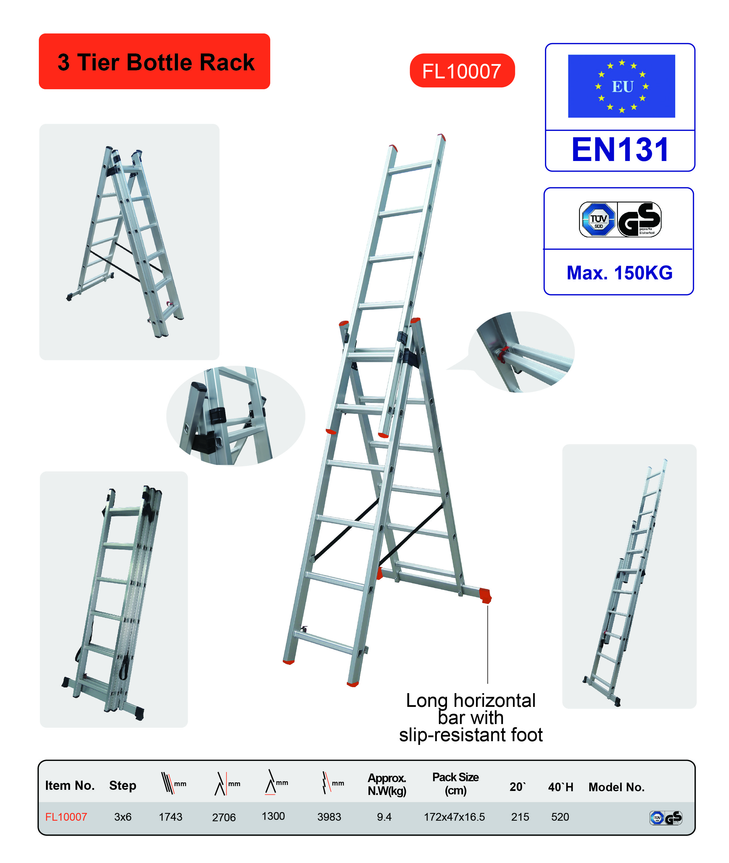 Household 3x6 Collapsible Extension Ladder High Safety Slip Resistance