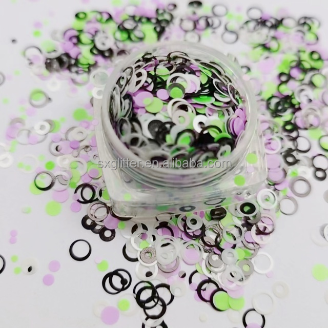 Customized Color Resin Glitter Glitter White Open Circle Black Open Circle Neon Green Round and Neon Purple Round Mixes