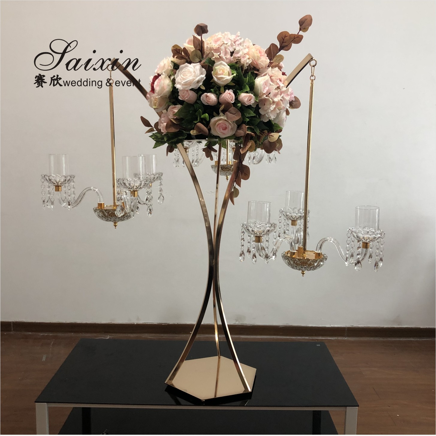 Silver Hanging Metal And Crystal Candelabra Hexagon Frame Stand 12 Arms