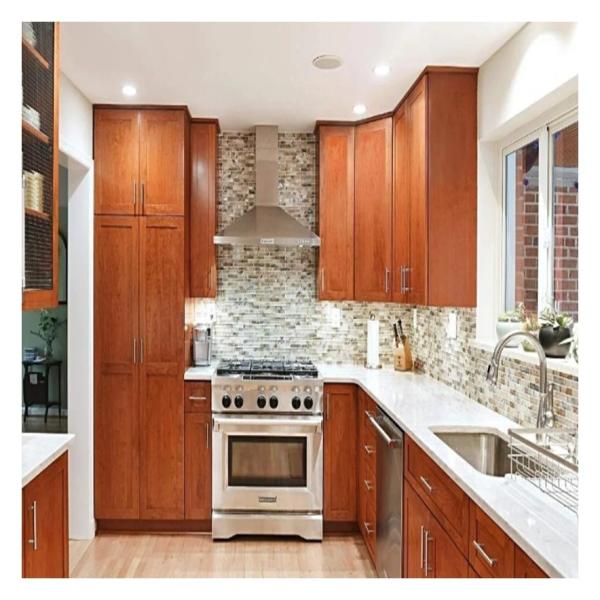 Dark Wood Grain PVC Membrane Panels Solid Wood Kitchen Cabinets with Plywood