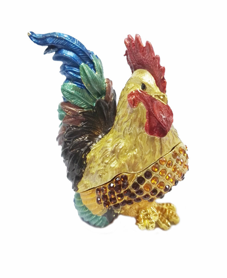 Metal enamel beautiful rooster figure status jewelry box for cock year gifts
