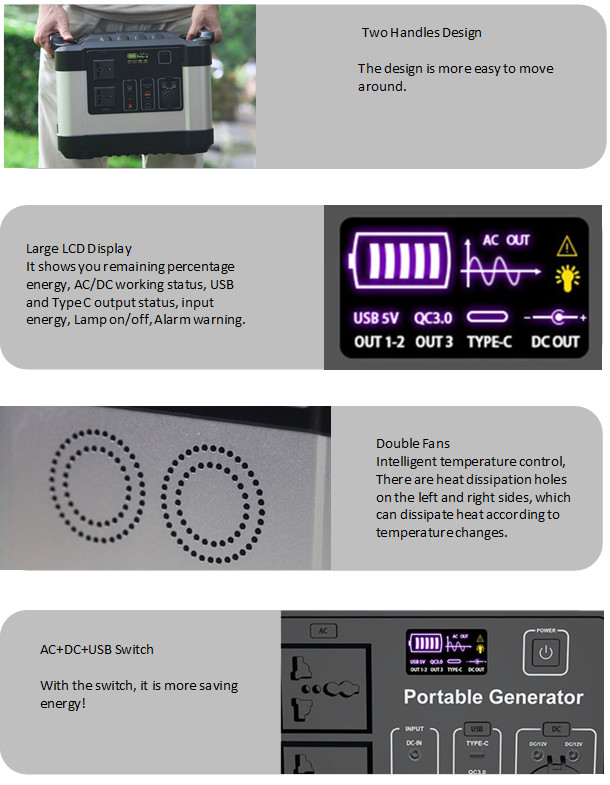 Portable 1000W 2000W Rechargeable Solar Generator For Camping