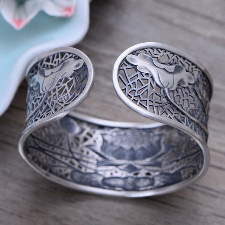 Vintage Handmade Engraved Designs Flower Sterling Silver Cuff Bracelet(058233)