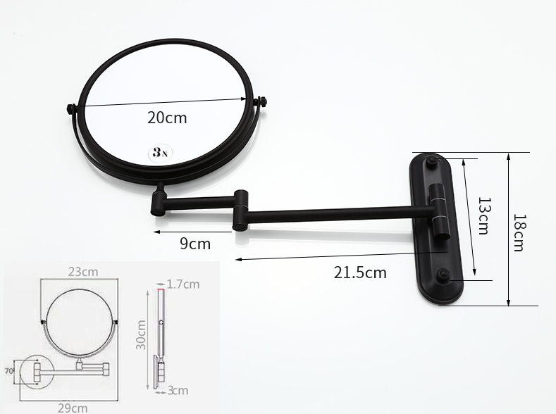 Bathroom stainless steel Telescopic led makeup Mirror 2-Face Mirror Dual Arm Extend black bath mirror