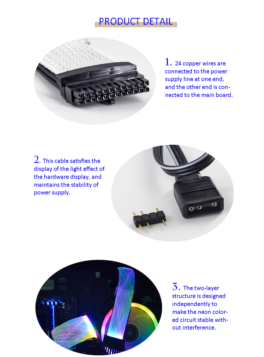 RGB 24pin Extension CableNet Sync Cord Cable for Computer Gaming Led Strip Light Extension Cable PC AC Power Cord
