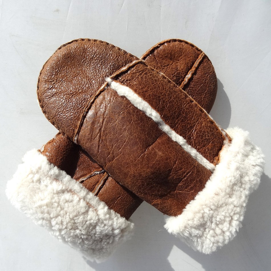 Bilberry Cheap Patched Sheepskin Lamb Fur Mittens with Belt for lady brown color