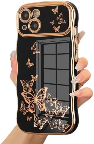 iPhone 13 girl phone case, curly wave frame, luxury plated butterfly pattern, TPU gold rim shock-proof lens protection