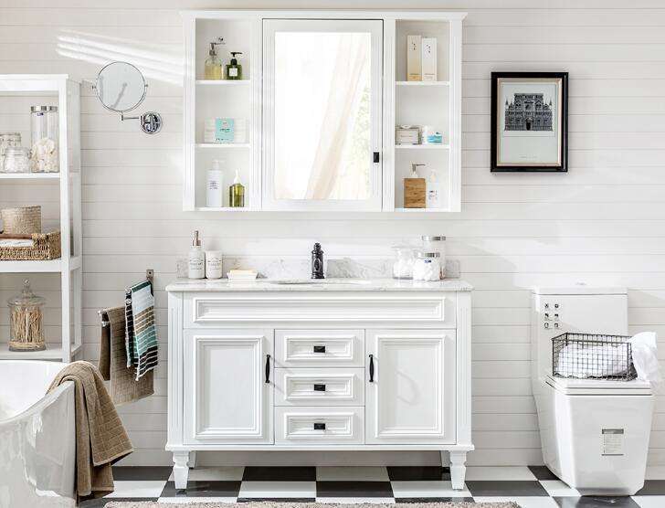 Customized Designs 42 Inch White Shaker Bathroom Vanity LED Mirror and Cabinet Combo