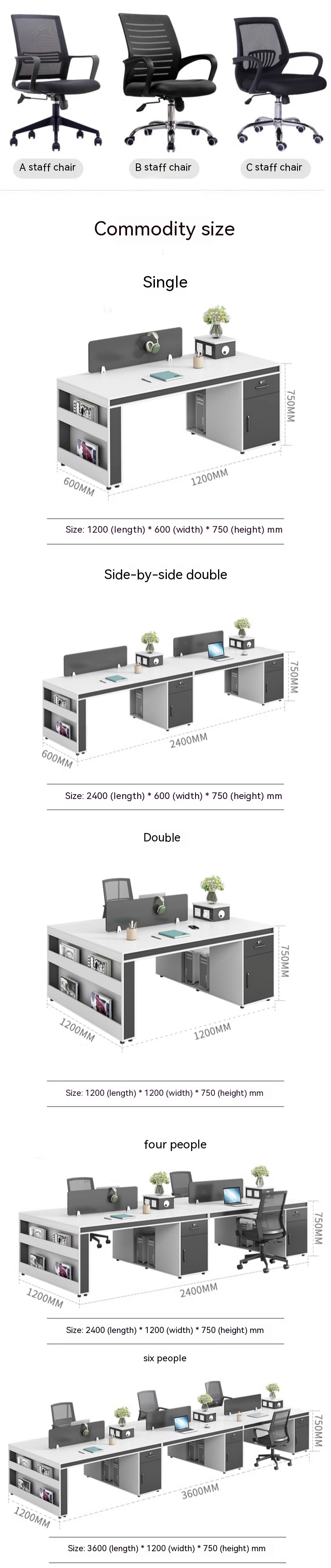 Modern Design Simple Office Workstation with 2 4 6 Staff Chairs and Desk Combination