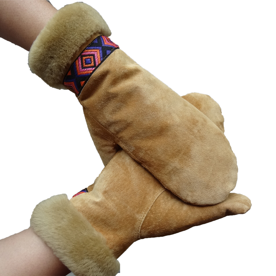 Bilberry Cheap Patched Sheepskin Lamb Fur Mittens with Belt for lady brown color