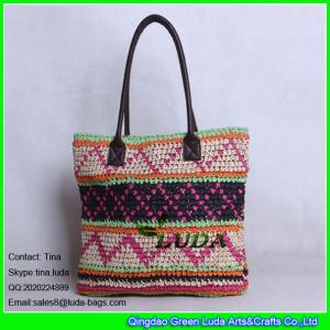  LUDA spainish straw handbag fashion crocheted pattern paper straw bag leather handles Manufactures