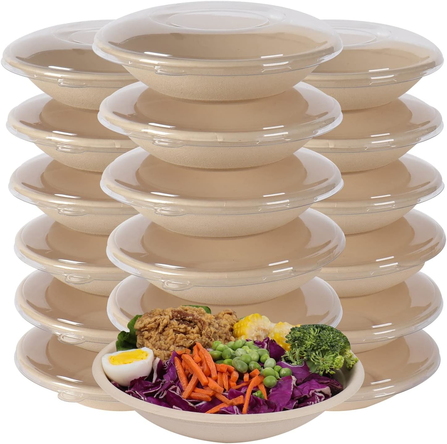 24OZ Round Disposable Bowls With PET Lids, Bamboo Fiber Paper Bowls Take Away Food Containers Eco-Friendly Plant