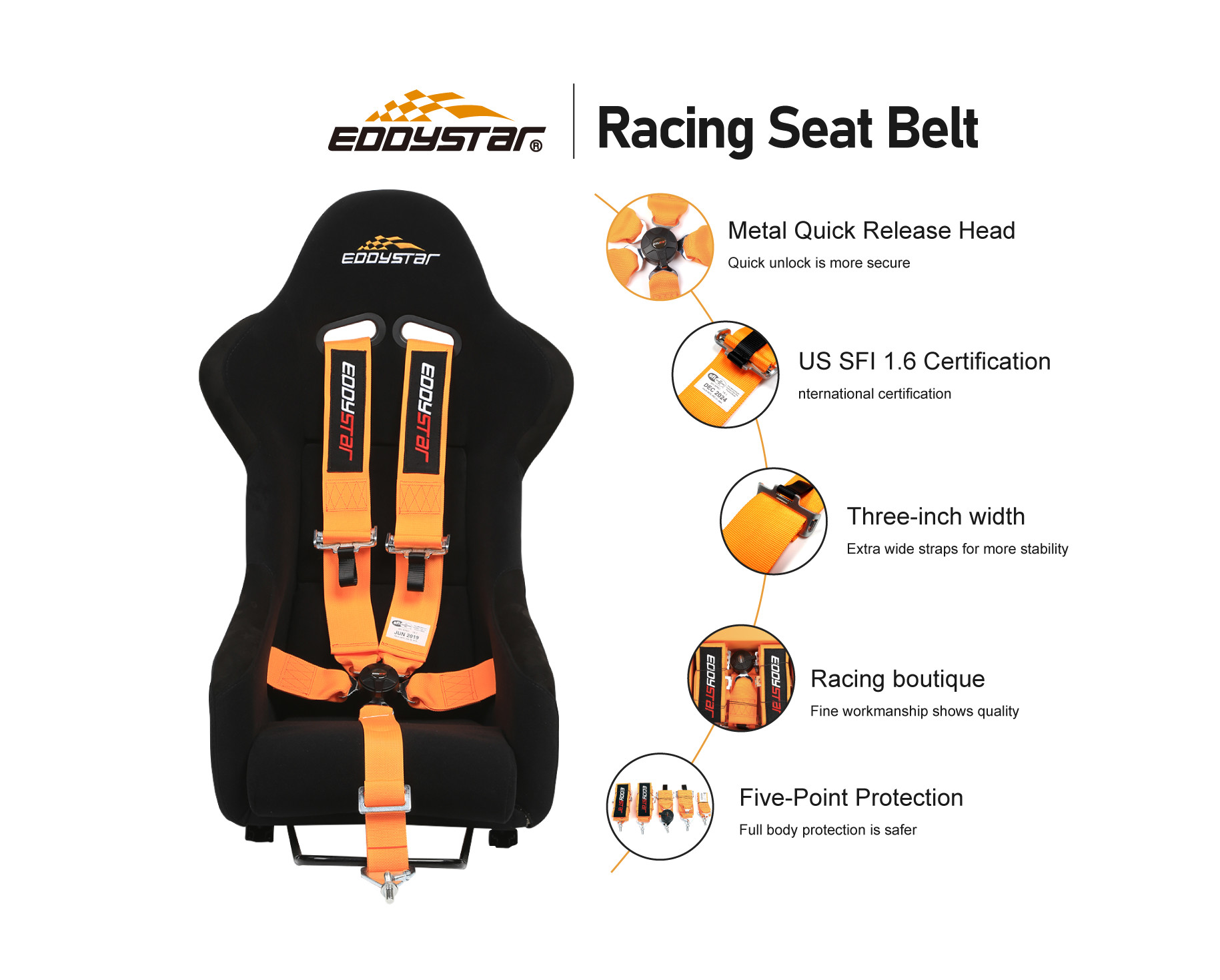 EDDY Purple 5 Point Racing Seat Belt Harness SFI Certificate For Race Car