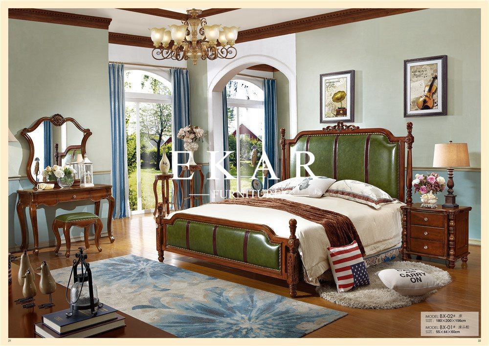Luxury Leather Antique Solid Wood King Size Bed