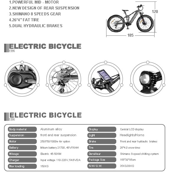 EB6 26*4.0 Snow Tires Electric Bike 250/750/1000w