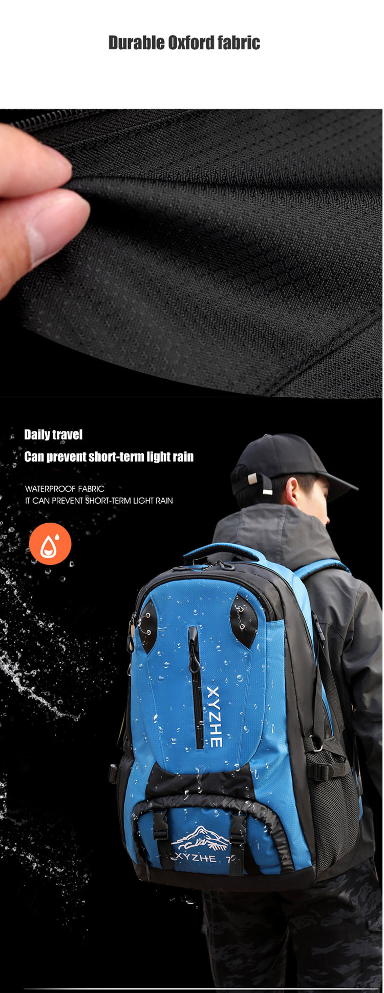 1.3 Inch 70L Camping Backpack Men Women Waterproof Backpack Bag Custom Logo