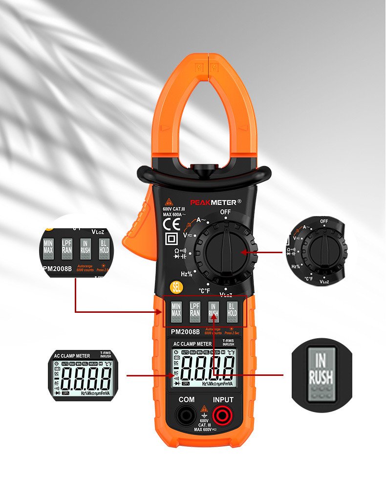 Auto and Manual Range Digital Clamp Meter T-RMS INRUSH Current meter MAX MIN values measurement